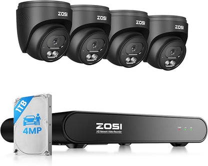 ZOSI C220 4CH 4MP QHD 2.5K PoE Home Security Camera System, 4 x 4MP(1440p) Dome IP Cameras Outdoor Indoor, Smart AI Human Detection, Two-Way Audio, 4CH 5MP 3K NVR with 1TB HDD for 24/7 Record