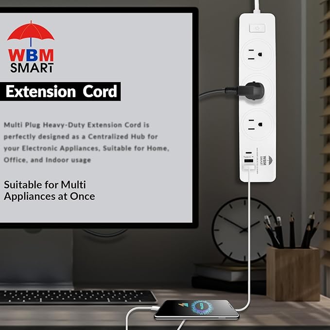 WBM Smart Power Strip 5.9 ft 10 A - Extention Cord Socket, Pack of 2 with 2 USB Ports and 1 Type C Plug, Multi Outlet Extender for Home, Office and Dorm Room