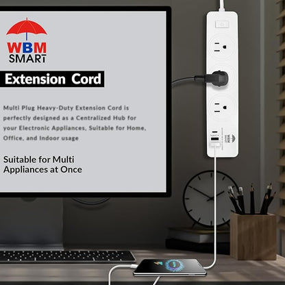 WBM Smart Power Strip 5.9 ft 10 A - Extention Cord Socket, Pack of 2 with 2 USB Ports and 1 Type C Plug, Multi Outlet Extender for Home, Office and Dorm Room