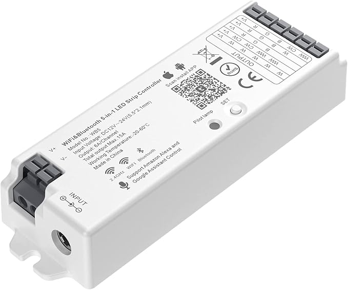 BTF-LIGHTING 5in1 WB5 2.4GHz Tuya WiFi PWM LED Controller Compatible with Alexa/Google Home/Smart Life/Tuya Smart APP Control for Dimming CCT RGB RGBW RGBCCT LED Strip Work with WR01RF WR02RF etc
