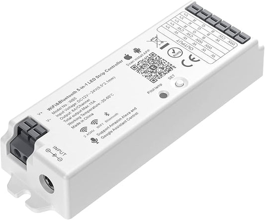 BTF-LIGHTING 5in1 WB5 2.4GHz Tuya WiFi PWM LED Controller Compatible with Alexa/Google Home/Smart Life/Tuya Smart APP Control for Dimming CCT RGB RGBW RGBCCT LED Strip Work with WR01RF WR02RF etc