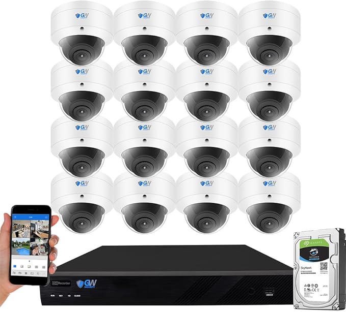 GW Security 16 Channel 6K NVR 8MP Smart AI Intelligence AcuSearch Security Camera System with 16 UHD 4K 2160P Microphone Waterproof PoE IP 135° Wide Angle Security Dome Cameras, 4TB Hard Drive