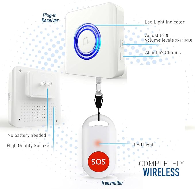 Caregiver Pager Wireless Call Button Nurse Alert System for Home/Elderly/Patient/Disabled One Call Button One Receiver