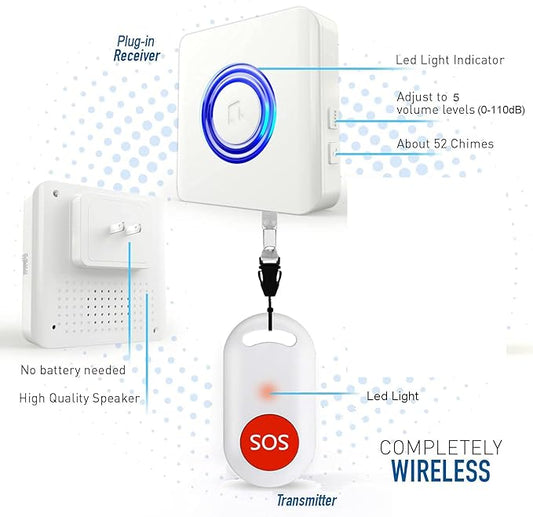 Caregiver Pager Wireless Call Button Nurse Alert System for Home/Elderly/Patient/Disabled One Call Button One Receiver