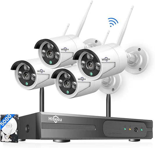[500G Hard Drive] Hiseeu 5MP Wireless Security Camera System with One-Way Audio,4Pcs 5MP Outdoor/Indoor WiFi Surveillance Cameras, HD Video,Night Vision, Weatherproof,Motion Detection,DC12V Power Cord