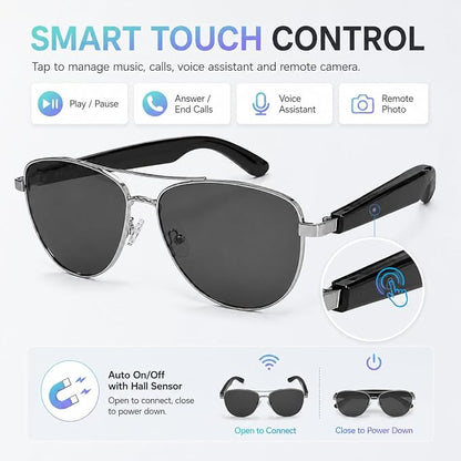 Smart Audio Glasses, Open Ear Bluetooth Sunglasses with Anti-Blue Light and UV Protection Lenses, Wireless Hands-Free Calling and Music for Driving, Business and Daily Wear