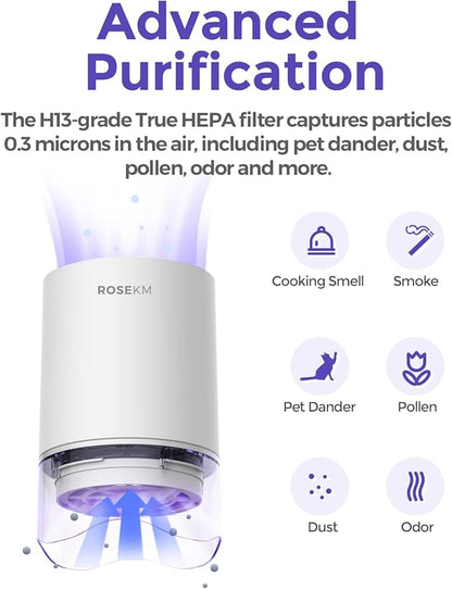 Rosekm Small Air Purifier with 1-Year Pack Replacement Filter, Personal Desk Mini HEPA Air Purifier, Room Air Freshener Cleaner for Pets, Smoke, Desktop, Office (White)