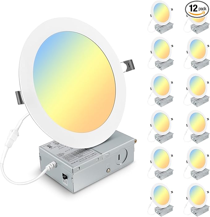 Elaruslux 12 Pack 7 Inch 3CCT Ultra-Thin LED Recessed Light with Junction Box, 3000K/4500K/6000K Selectable, 18W Eqv 125W, Dimmable Canless Downlight, 1600LM High Brightness