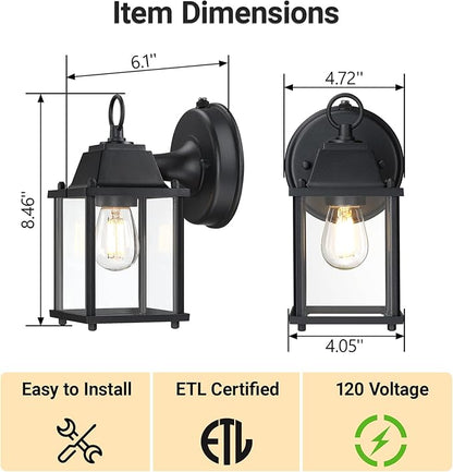 LIT-PaTH Dusk to Dawn Outdoor Wall Lantern, Wall Sconce, Waterproof Proch Light Fixture E26 Base, Aluminum Housing Glass Shade, Outdoor Rated, 2-Pack, Black