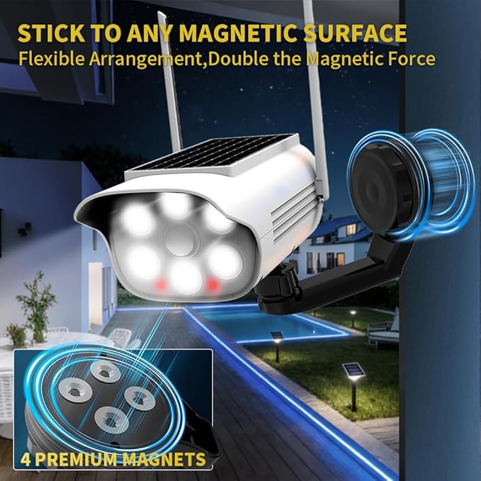 Fake Security Camera Solar Light, Outdoor Dummy Camera Solar Powered Light with 3 Mounts (Magnetic, Clip, Octopus), Easy Install for Eaves, Fence, Wall, Glass & Metal Surfaces