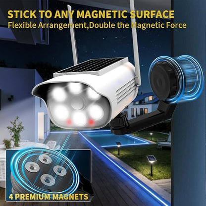 Fake Security Camera Solar Light, Outdoor Dummy Camera Solar Powered Light with 3 Mounts (Magnetic, Clip, Octopus), Easy Install for Eaves, Fence, Wall, Glass & Metal Surfaces