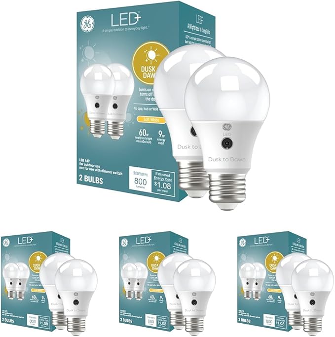 GE LED+ A19 Dusk to Dawn LED Light Bulbs, Automatic On/Off Outdoor Security Light, Soft White (8 Pack)