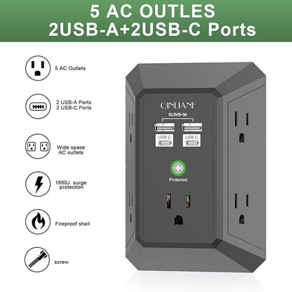 USB Wall Charger, Surge Protector, QINLIANF 5 Outlet Extender with 4 USB Charging Ports(2U2C) 3-Sided 1680J Power Strip Multi Plug Outlets Wall Adapter Spaced for Home Travel Office,Black