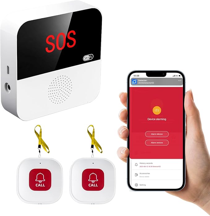 WiFi Elderly Monitoring, Caregiver Pagers Life Alert Systems for Seniors no Monthly Fee, 1 Receiver & 2 Panic Button, Compatible with Tuya Smart/Smart Life APP (Only Supports Wi-Fi 2.4GHz )