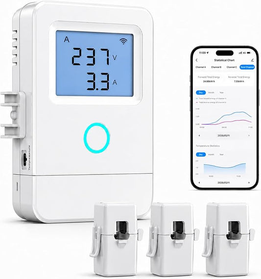 WiFi Home Energy Monitor with 3 80A CT Clamps, Circuit-Level Monitoring, Real-Time Electricity Usage Monitor, Smart Life/Tuya App, Voltage Current Power Tracking for Home, Solar, HVAC, Water Heater