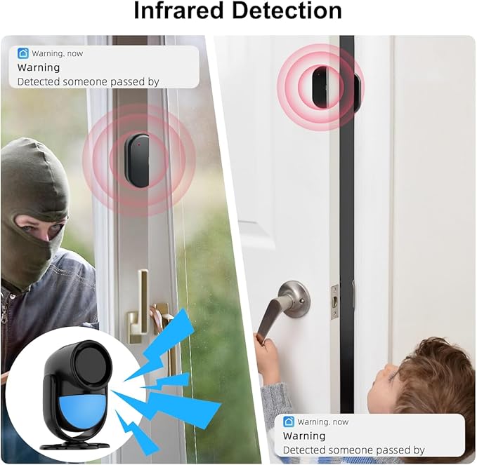 125dB WiFi PIR Motion Sensor Alarm Indoor, with Wireless DIY Smart Door/Window Alarm for Home Security with Phone APP Alert 4 Pieces-Kit, for Driveway, Shed, Home, Van, Shop