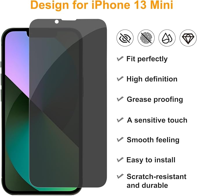 PEHAEL 3+3 Pack for iPhone 13 Mini Privacy Screen Protector with Camera Lens Protector Full Coverage Anti-Spy Tempered Glass Film 9H Hardness Easy Installation Bubble Free [5.4 inch]
