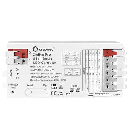 GLEDOPTO ZigBee3.0 Pro+ 5 in 1 LED Controller 20A Max RGBCCT/RGBW/RGB/CCT/Dimmer Compatible with Alexa Homey Home Assistant Z2M APP Control for Analog RGBCCT RGB WWCW LED Strip Light (Hub Required)