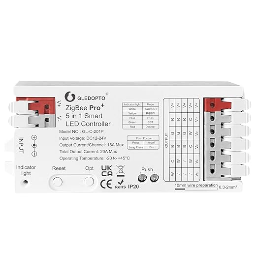 GLEDOPTO ZigBee3.0 Pro+ 5 in 1 LED Controller 20A Max RGBCCT/RGBW/RGB/CCT/Dimmer Compatible with Alexa Homey Home Assistant Z2M APP Control for Analog RGBCCT RGB WWCW LED Strip Light (Hub Required)
