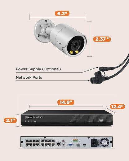 16 Channel Security Camera System for Business, 4K 16CH PoE NVR 4TB HDD,16x 5MP Wired IP PoE Cameras Outdoor, Smart Color Night Vision, Human Vehicle Detection, Built-in microphone,PB38F1616-5M