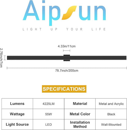 Aipsun 79in Black Outdoor Wall Sconce 3000K 4000K 6000K Modern Exterior Light 1 Pack, Long LED Linear Wall Light Outside Lighting for Entrance, Hallway, Garage, Porch(3CCT)