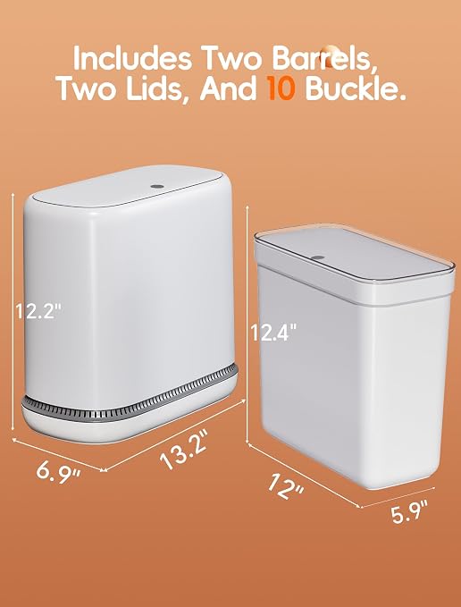 Dog Proof Small Bathroom Trash Can with Lid, Slim Press Top Garbage Can, Narrow White Plastic Waste Basket, for Bathroom Bedroom Office 2 Pack Set with 4.8 Gal and 3.3 Gal