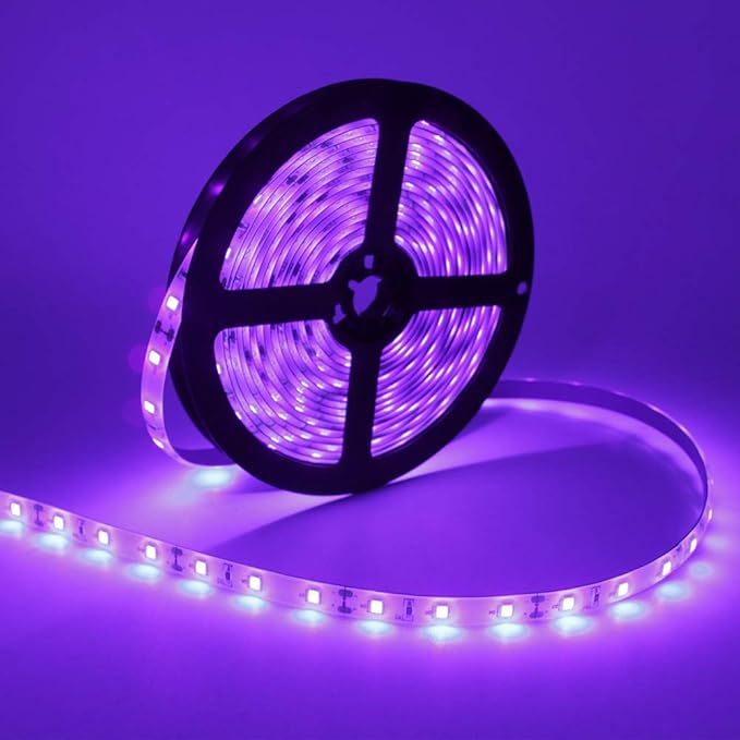 LightingWill Super Bright 60W LED UV Black Light Strip, Waterproof Blacklights 5M/16.4ft 3528SMD 300LED Ultraviolet Light for Party Night Fishing with 12V 5A Power Supply
