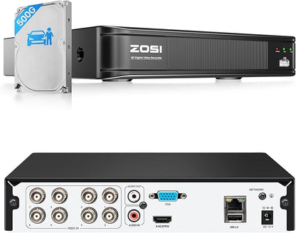 ZOSI 8 Channel 5MP 3K Lite H.265+ CCTV DVR Recorder with 500GB HDD, Hybrid 4-in-1 TVI/CVI/AHD/Analog 1080p HD Surveillance DVR for Security Camera, AI Human Vehicle Detect, Alert Push, Remote Access