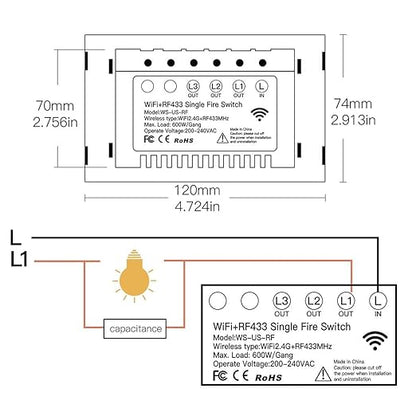 MOES Touch Wall Single Live Wire Smart Switch，No Neutral Wire Needed, 2.4GHz WiFi RF433 Light Switch Works with Smart Life/Tuya App, Alexa and Google Home, Single Pole 110V, Black 3 Gang