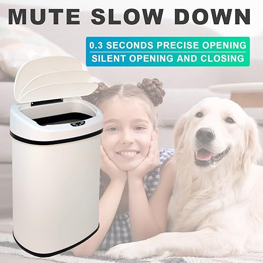 HCY Kitchen Trash Can 13 Gallon Automatic Metal Garbage Can Stainless Steel Waste Bin with Lid Smart for Kitchen,Office,Living Room,Bathroom(White), 16'(L)x11'(W)x25(H)'