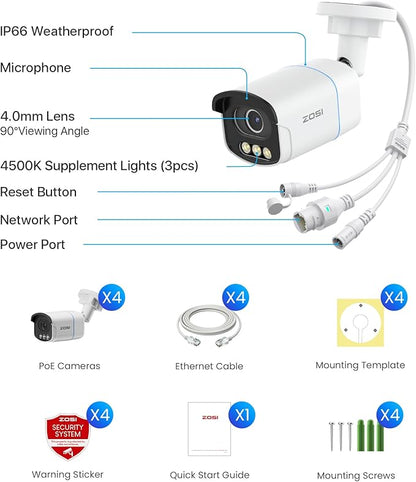 ZOSI 4-Pack 4K PoE Security Camera C186 Aurora Lux,8MP Outdoor Indoor,True Color Night Vision,Person/Vehicle Detection,2-Way Audio,Includes Ethernet Cables,Only Compatible with ZOSI 4K PoE NVR