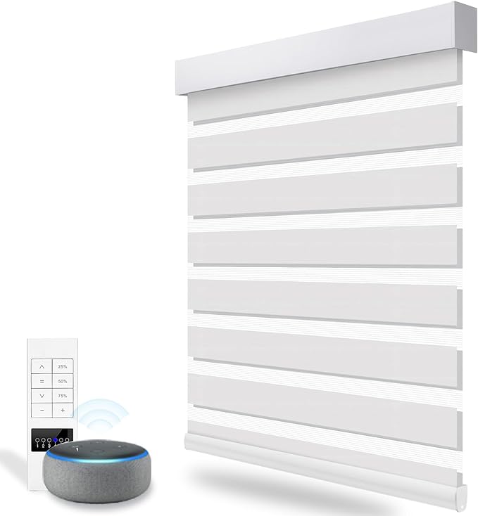 ACMEART Motorized Zebra Blinds,Smart APP & Remote Control Light Filtering Zebra Shades,Compatible with Alexa,Custom Size Electric Window Blinds for Home Office (Pure White)