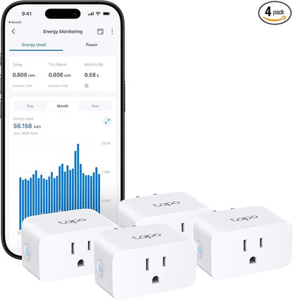 TP-Link Tapo Smart Plug Mini, Matter Compatible, Compatible with Alexa, Google Home & Samsung SmartThings, Energy Monitoring, 15A, UL Certified, 2.4G Wi-Fi Only, Tapo P110M(4-Pack)