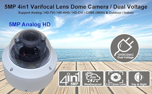 101AV 5MP 4in1 HD Dome Camera, 2.8-12mm Varifocal Lens, 5MP TVI/AHD, 4MP CVI, CVBS (960H), Indoor Outdoor, 4 pcs Smart IR 100ft IR Range, Dual Voltage DC12V AC24V Office Home