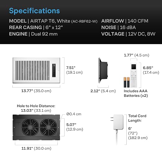 AC Infinity AIRTAP T6, White Register Booster Fan for 6”x12” Openings | Automatic Open/Close Vents, Wireless LCD Temperature Controller, WiFi App, Quiet 10-Speeds, Smart Home