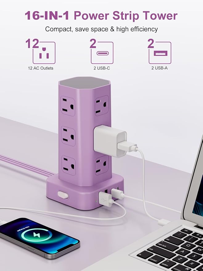 Power Strip Tower Surge Protector, 6FT Flat Plug Extension Cord with Multiple Outlets, 12 AC Outlets 4 USB (2 USB C), Desktop Charging Station with Surge Protection for Home Office Dorm Room, Purple