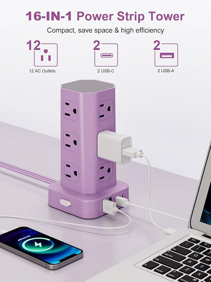 Power Strip Tower Surge Protector, 6FT Flat Plug Extension Cord with Multiple Outlets, 12 AC Outlets 4 USB (2 USB C), Desktop Charging Station with Surge Protection for Home Office Dorm Room, Purple
