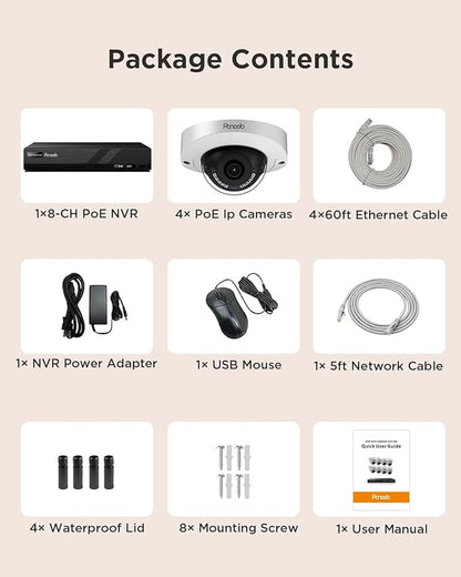 PoE Security Camera Systems 8 Channel NVR 2TB HDD, 4Pcs 5MP Wired IP Dome Cameras Outdoor Indoor w/Person Vehicle Detection, Built-in Mic IP67 2.8mm Lens 100ft IR Night Vision, PD63A0408-5M