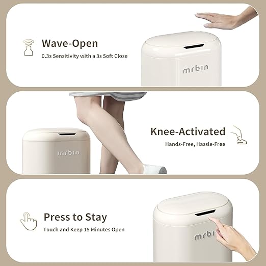 MRBIN Automatic Adsorption Metal Trash Can for Bathroom, Touchless Garbage Bin with Lid, 4.8 Gallon Slim Trash Can for Office and Bedroom, Kitchen Electric Motion Sensor Waste Basket, Cream White