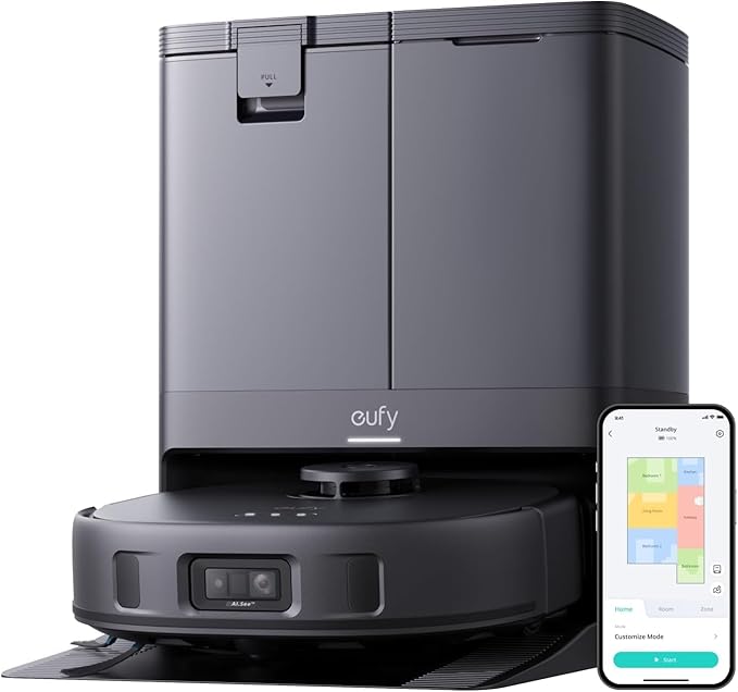 eufy Certified Like-New X10 Pro Omni Robot Vacuum and Mop Combo, 8,000 Pa Suction, Dual Mops with 12 mm Auto-Lift and Carpet Detection, Auto Mop Washing, Auto Drying, Self-Emptying(Renewed)
