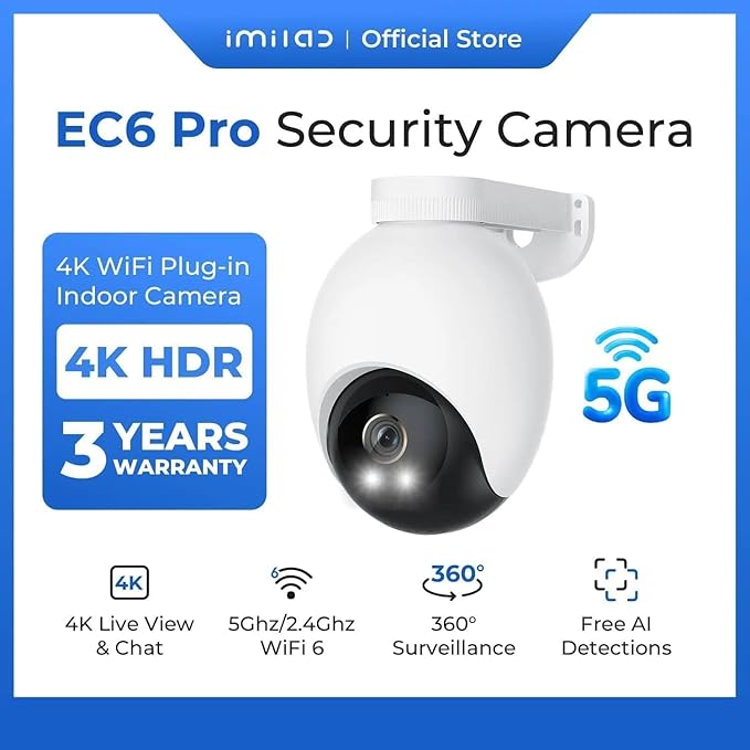 IMILAB EC6 Pro 4K Wired Outdoor Security Camera, 5GHz WiFi Plug-in Outdoor Camera for Home Security w/Spotlight, 360° Rotation, Free Detect & Tracking, Waterproof, 24/7 Local Recording, No Monthly Fee