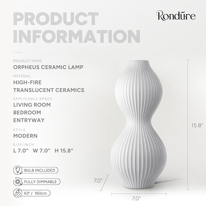 RONDURE Modern Ceramic Decorative Table Lamp Living Room Bedroom Bedside | Handcrafted Unique Warm Ambient Lighting Lamp, Accent White Translucent Ceramic shade, Fully Dimmable, Corded, Bulb Included