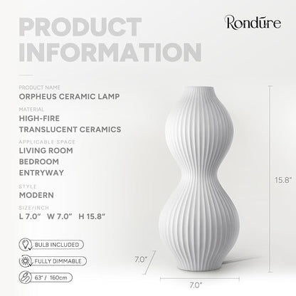 RONDURE Modern Ceramic Decorative Table Lamp Living Room Bedroom Bedside | Handcrafted Unique Warm Ambient Lighting Lamp, Accent White Translucent Ceramic shade, Fully Dimmable, Corded, Bulb Included