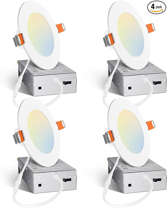 Amico 4 Pack 4 Inch 5CCT Ultra-Thin LED Recessed Ceiling Light with Junction Box, 2700K/3000K/3500K/4000K/5000K Selectable, 10W Eqv 60W 800LM Brightness Dimmable Canless Wafer Downlight, ETL & FCC