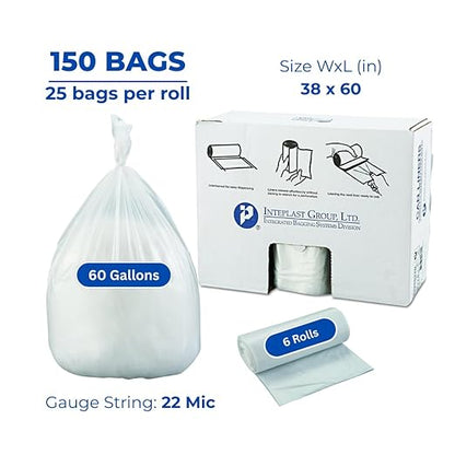 Inteplast Group S386022N 60 Gallon Capacity, 60" Length x 38" Width x 22 Mic Thickness, Natural Color, HDPE Commercial Coreless Institutional Trash Can Liner (Case of 6 Roll, 25 Bags per Roll)