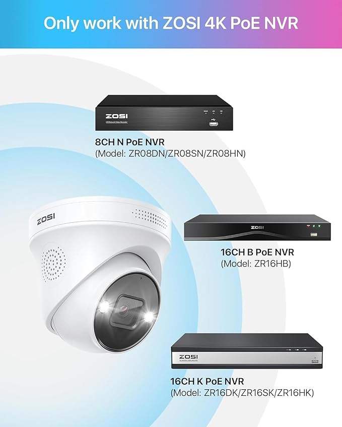 ZOSI 5MP PoE Add-on Camera,Person Vehicle Detection,2 Way Audio,Color Night Vision,Spotlight Siren,Weatherproof Outdoor Indoor Dome Home Security Camera Only Compatible with Same Brand 5MP 4K POE NVR