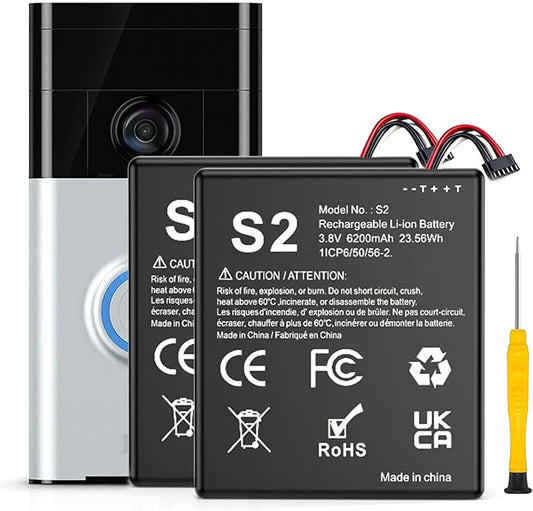 Replacement Battery for S2, 6200mAh Ultra High Capacity Li-ion Battery for Ring Video Doorbell 2nd Generation 1ICP6/50/56-2, 5UM5E5, (6 Cable Plug Version Only) 2-Pack