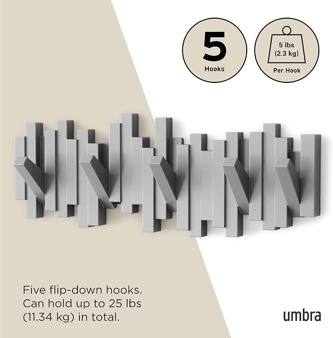 Umbra Sticks Wall Mount Coat Rack, 5 Hook Retractable Pegs, Grey | Mounting hardware included, sculptural modern design, entryway or bedroom use, recycled plastic