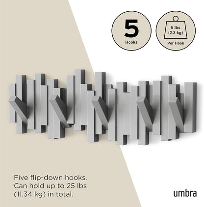 Umbra Sticks Wall Mount Coat Rack, 5 Hook Retractable Pegs, Grey | Mounting hardware included, sculptural modern design, entryway or bedroom use, recycled plastic