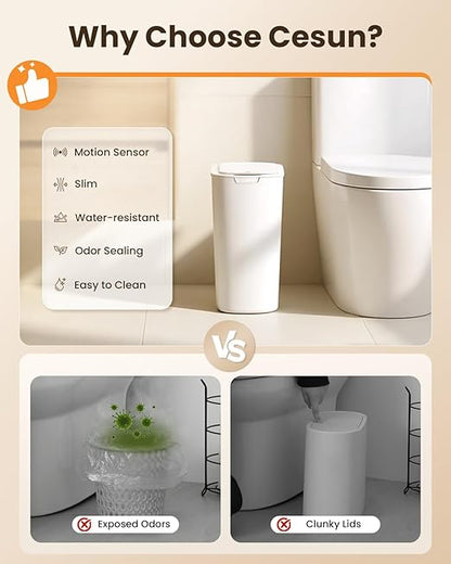 Cesun Motion Sensor Trash Can, 5 Gallon Automatic Bathroom Garbage Can with Lid, Touchless Smart Plastic Slim Wastebasket for Bathroom, Office, rv, Bedroom, Living Room, White